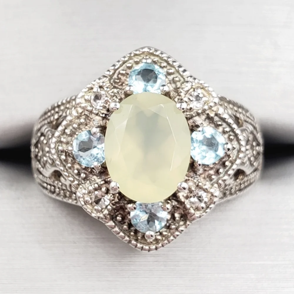 Apatite - White Topaz & Chalcedony 925 Sterling Silver Milgrain Design Ring